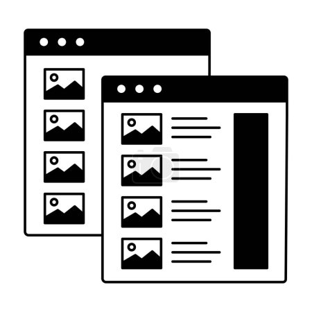 Téléchargez les illustrations : Une icône de deux fenêtres de navigateur en cascade avec quatre icônes d'images avec du texte, représentant un carrousel d'image, une galerie d'images ou un curseur d'image avec du texte. - en licence libre de droit