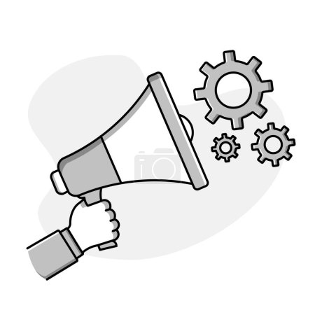 Ilustración de Este icono representa una mano sosteniendo un megáfono con engranajes, simbolizando la transmisión de ideas. - Imagen libre de derechos