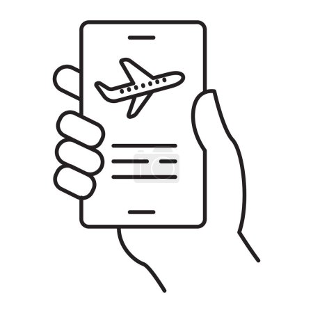 Ilustración de Un icono con un teléfono móvil en una mano con un icono de avión en la pantalla, que simboliza una aplicación de reserva de vuelos, planificación de viajes e información sobre viajes aéreos. - Imagen libre de derechos