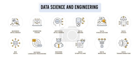 Illustration for Data science and engineering icons: modeling, transformation, mining, storytelling, visualization, big data, computer vision, natural language processing, AI, ML, and data ethics. - Royalty Free Image