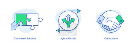 Illustration for Empower Your Business with Agile and Flexible, Customised Solutions, and Collaborative Icons. Vector Icons with Editable Stroke. - Royalty Free Image