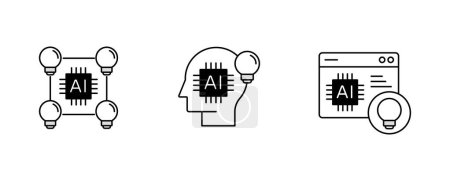 Illustration for AI brainstorming, idea generation AI, creative AI, brainstorming companion, AI ideation, AI creativity, AI inspiration. Vector icons with editable stroke. - Royalty Free Image