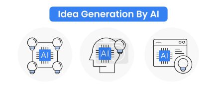 Illustration for AI brainstorming, idea generation AI, creative AI, brainstorming companion, AI ideation, AI creativity, AI inspiration. Vector icons with editable stroke. - Royalty Free Image