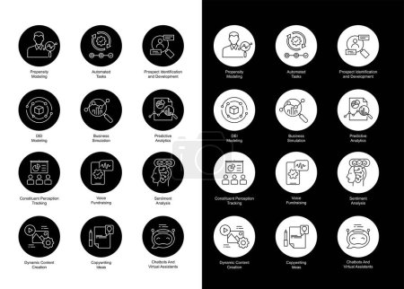 AI fundraising icon set, Fundraising AI applications symbols, Artificial intelligence in fundraising icons, Donation AI use cases symbols, AI powered fundraising symbols, Crowdfunding AI icons. Vector editable stroke icons.