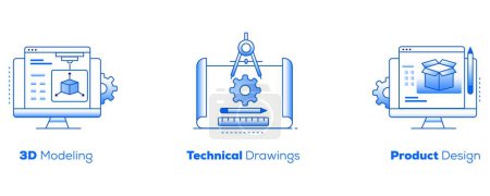 Illustration for Illustrations for Product Design, Technical Drawings, and 3D Modeling. Design Mastery Unleashed. Product Packaging, Technical Blueprints, and Modeling. Gradient Style Illustration. - Royalty Free Image