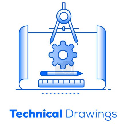 Technical Drawings and Diagrams Gradient Style Icons. Unlock precision engineering with detailed technical drawings and diagrams, essential for manufacturing, construction, and engineering projects.