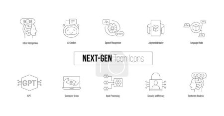 Next Gen Tech Icons. Illustrating Sentiment Analysis, Language Model, Security and Privacy, Input Processing, GPT, Intent Recognition, Augmented reality, Computer Vision and more. Minimal Line Icons.