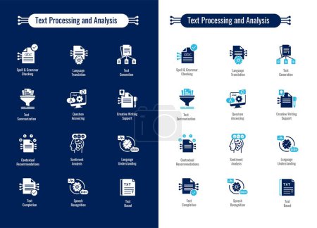 Illustration for Text Processing and Analysis Icons. Understand and manipulate text. Icons for NLP, analysis, summarization, sentiment and more. - Royalty Free Image