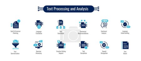 Textverarbeitung und Analyse-Symbole. Text verstehen und manipulieren. Icons für NLP, Analyse, Zusammenfassung, Stimmung und mehr.