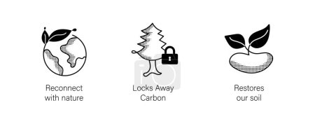 Environmental Conservation Icons Set. Locks Away Carbon, Restores Our Soil, Reconnect with Nature. Editable Stroke Icons.
