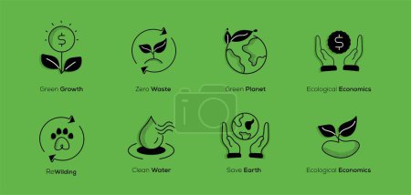 Championing Environmental Sustainability. Icons for Rewilding, Clean Water, Save Earth, Green Growth, Zero Waste, Green Planet, Ecological Economics.