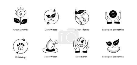 Championing Environmental Sustainability. Icons for Rewilding, Clean Water, Save Earth, Green Growth, Zero Waste, Green Planet, Ecological Economics.