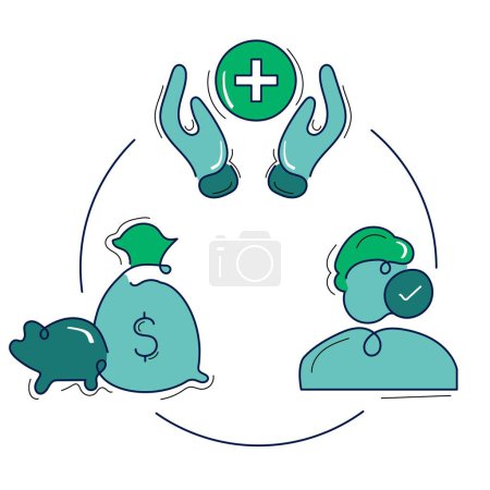 Téléchargez les illustrations : Indiquez les économies médicales au moyen d'une icône représentant un compte d'épargne-santé (CSS), symbolisant les économies fiscales pour les frais médicaux.. - en licence libre de droit