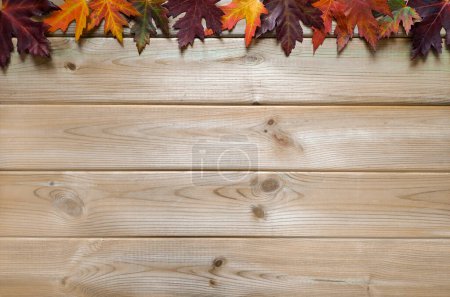Photo for Layout with autumn leaves on wooden background. Flatlay. Copyspace for text.  Autumn songs and quotes. Maple leaves on light table. Top view. Copy place for inscription. Autumn mood concept. - Royalty Free Image