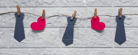 Photo for Funny banner for Father's Day, birthday, bachelor party, wedding, Valentine's Day. Garland of ties and hearts. Preparation for holiday. Header for website, blog, advertisement, flyer, poster. - Royalty Free Image