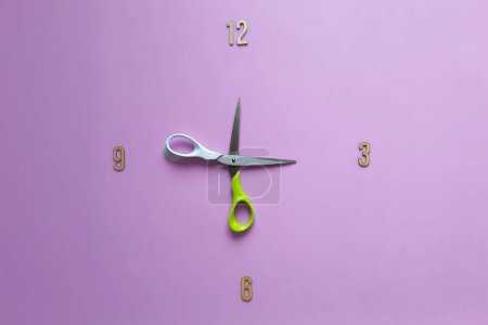 Photo for Time crunch. Unusual clock face with with scissors hour hands. Time for study. Watch face with the concept of lesson schedule, daily routine at school, kindergarten. Copy space. Back to school. Flat lay. - Royalty Free Image