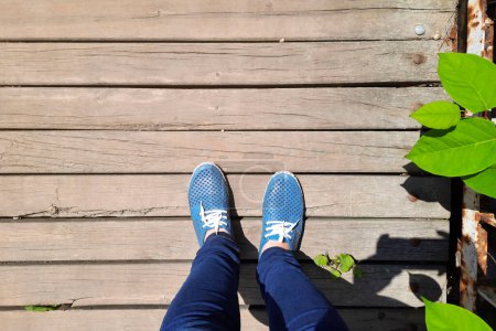 Photo for View from above on legs in moccasins on background of old wooden bridge. Women's feet in blue shoes and jeans stand on wooden plank road. Country walk on sunny day. - Royalty Free Image