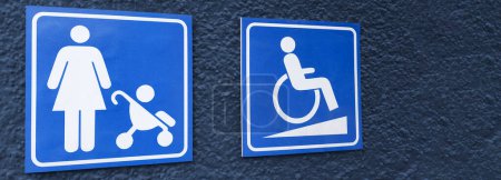 Photo for Symbol of person in wheelchair and mother with child in baby pram on blue square. Barrier-free concept. Header for website, article. - Royalty Free Image