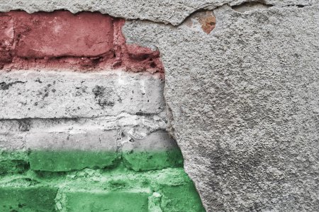 Photo for Hungarian flag. Hungary, Eastern Europe.  Three stripes red, white, green on Brick wall. National holiday August 20 Saint Stephen's Day. Hungarian Language, Culture. Street art and fans of sports team. - Royalty Free Image