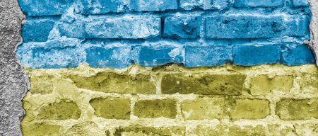 Photo for Banner with flag of Ukraine. Ukrainian national flag on brick wall background. Blue and yellow stripe. Independence day, constitution. Header for website, blog, flyer, article. freedom and patriotism. - Royalty Free Image