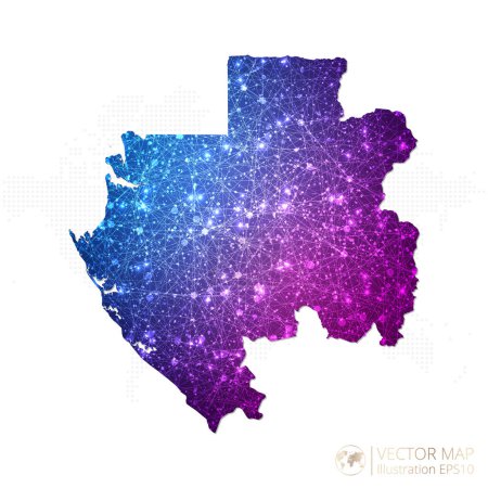Ilustración de Mapa de Gabón en wireframe geométrico azul con gradiente de estilo poligonal púrpura sobre fondo blanco. Ilustración vectorial Eps10. - Imagen libre de derechos