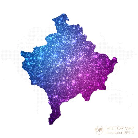 Téléchargez les illustrations : Carte du Kosovo en fil métallique géométrique bleu avec dégradé de style polygonal violet graphique sur fond blanc. Illustration vectorielle Eps10. - en licence libre de droit