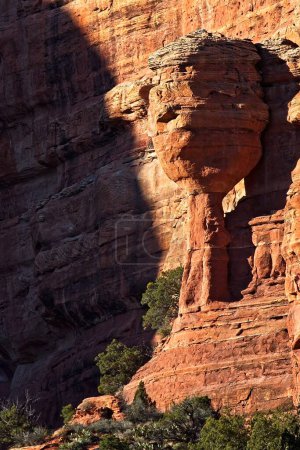 Téléchargez les photos : Étrange colonne rocheuse à Fay Canyon, dans les Rochers Rouges de Sedona, Arizona. Genévrier vert poussent au premier plan. - en image libre de droit