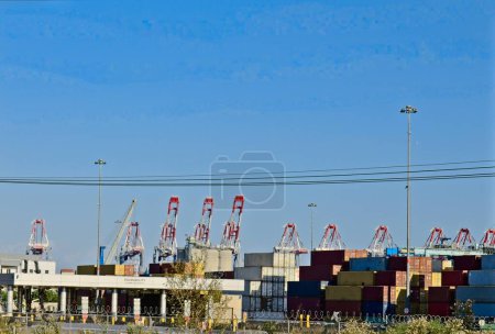 Téléchargez les photos : Many cranes and cargo containers at the Port of Long Beach, California with a blue sky. - en image libre de droit