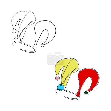 Illustration for Circus jester fool hat in one line drawing style. Funny clown cap with bells. Harlequin costume. Carnival headgear. Hand drawn vector illustration. - Royalty Free Image