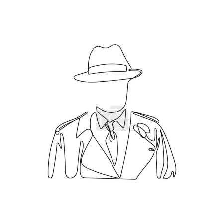 Mysterious man in hat and coat in one line drawing style. Faceless, anonymous concept. Hand drawn vector illustration.