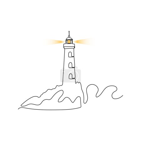 Ilustración de Faro en el mar tormentoso. Faro en estilo de dibujo de línea continua. - Imagen libre de derechos
