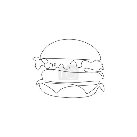 Illustration for One line drawing of hamburger. Fast food cheeseburger. Street food concept. Hand drawn vector illustration. - Royalty Free Image