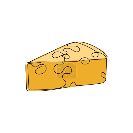Piece of yellow cheese with holes in one line drawing style. Dairy, milk products. Hand drawn vector illustration.