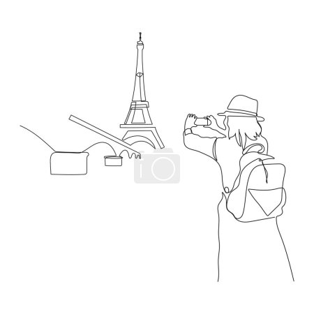 Tourist girl taking photo of Eiffel tower in Paris with smartphone, travel in Europe. Tourism concept. One line vector illustration.