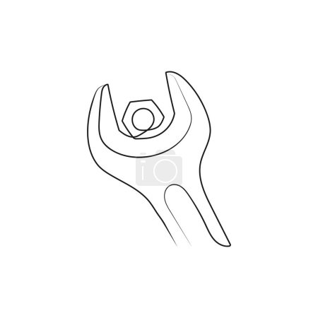 Téléchargez les illustrations : Wrench with nut. Adjustable spanner. One line art. Tool for repair and construction. Vector illustration - en licence libre de droit