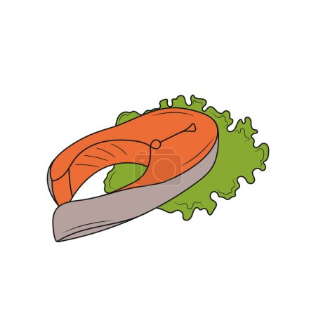 Illustration for Salmon fish steak on a lettuce leaf. Line art drawing. Hand drawn vector illustration. - Royalty Free Image
