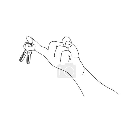 Illustration for Hand holding the keys. Line art drawing. The concept of real estate sales. Hand drawn vector illustration. - Royalty Free Image