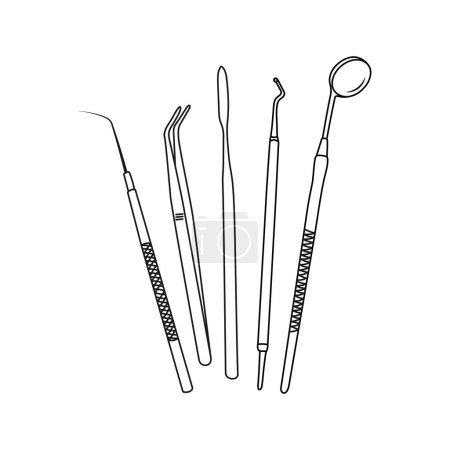 Illustration for Dental instruments. Line art drawing. Set of dental tools. Dental health care. Hand drawn vector illustration. - Royalty Free Image