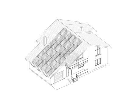 Téléchargez les illustrations : Maison de banlieue contemporaine avec toiture panneaux solaires. Vecteur 3D isolé. - en licence libre de droit