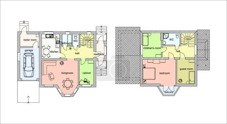 Architectural floor plans suburban houses. Set of ground floor blueprints. Vector colorful  plans.