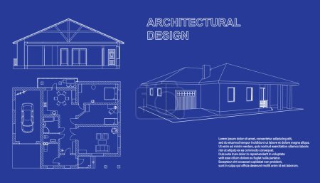 Illustration for Perspective 3D, floor plan and cross section suburban house. Drawing of the modern building. Cottage project on blue background. Vector architectural blueprint. - Royalty Free Image