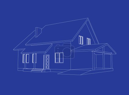 Estilo arquitectónico blueprint.Vector perspectiva wireframe de exterior de la casa moderna. Modelo de vector 3D de casa de campo. 