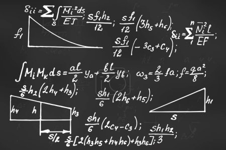 Educación vintage y formación científica. Teoría de la ley de geometría y ecuación de fórmula matemática en pizarra. Ilustración dibujada a mano vectorial.