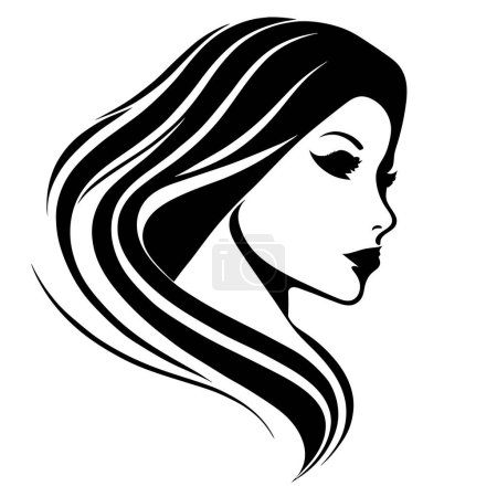 Women long hair style icon, logo women face on white background, simple minimal black logo. linear lines. beautiful open woman eyes. no shades. white background.
