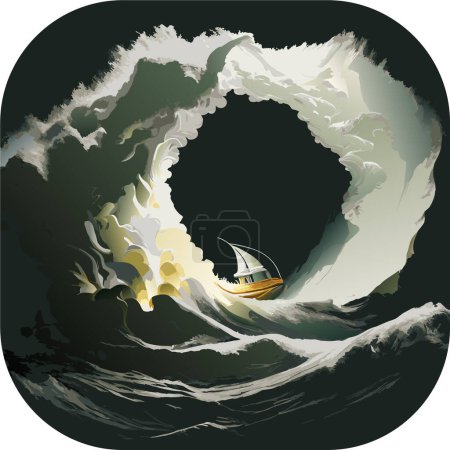 Illustration for Embracing the Shadows: A Transformative Night Sea Journey to Reclaim Our Lost Selves, Reuniting Shadows: Old sail ship braving the waves of a wild stormy sea at night, icon, logo, poster - Royalty Free Image