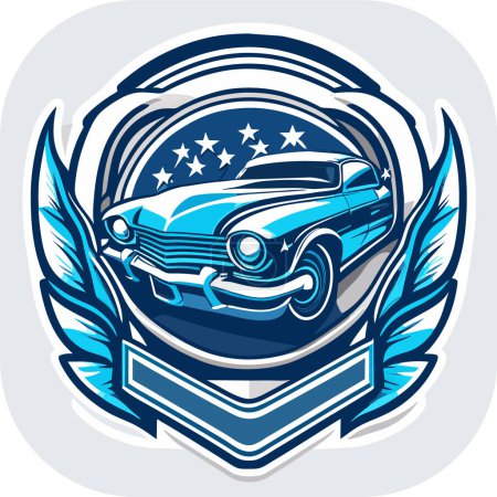 Illustration for Vintage retro distressed American flag badge design featuring a vintage car contour, t-shirt print with retro car. Vintage poster, the American flag. Side view. Flat vector. - Royalty Free Image