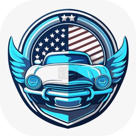 Illustration for Vintage retro distressed American flag badge design featuring a vintage car contour, t-shirt print with retro car. Vintage poster, the American flag. Side view. Flat vector. - Royalty Free Image