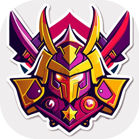 Illustration for Warhammer, Vector, White Background, Warrior head with sword and helmet. Vector illustration, the helmet of the knight in the form of a shield - Royalty Free Image