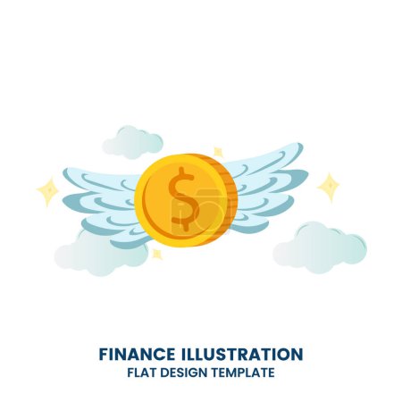 Illustration for Gold dollar coins with blue wings. Flying money in blue sky. Invest Vector illustration. - Royalty Free Image
