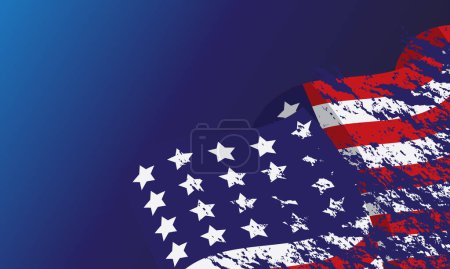Téléchargez les illustrations : Closeup of american USA flag with hand-drawn watercolor, united states of america on blue background - en licence libre de droit